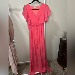 Pink Short Sleeve V Neck Flowy Maxi Dress size small boho beachy Barbie